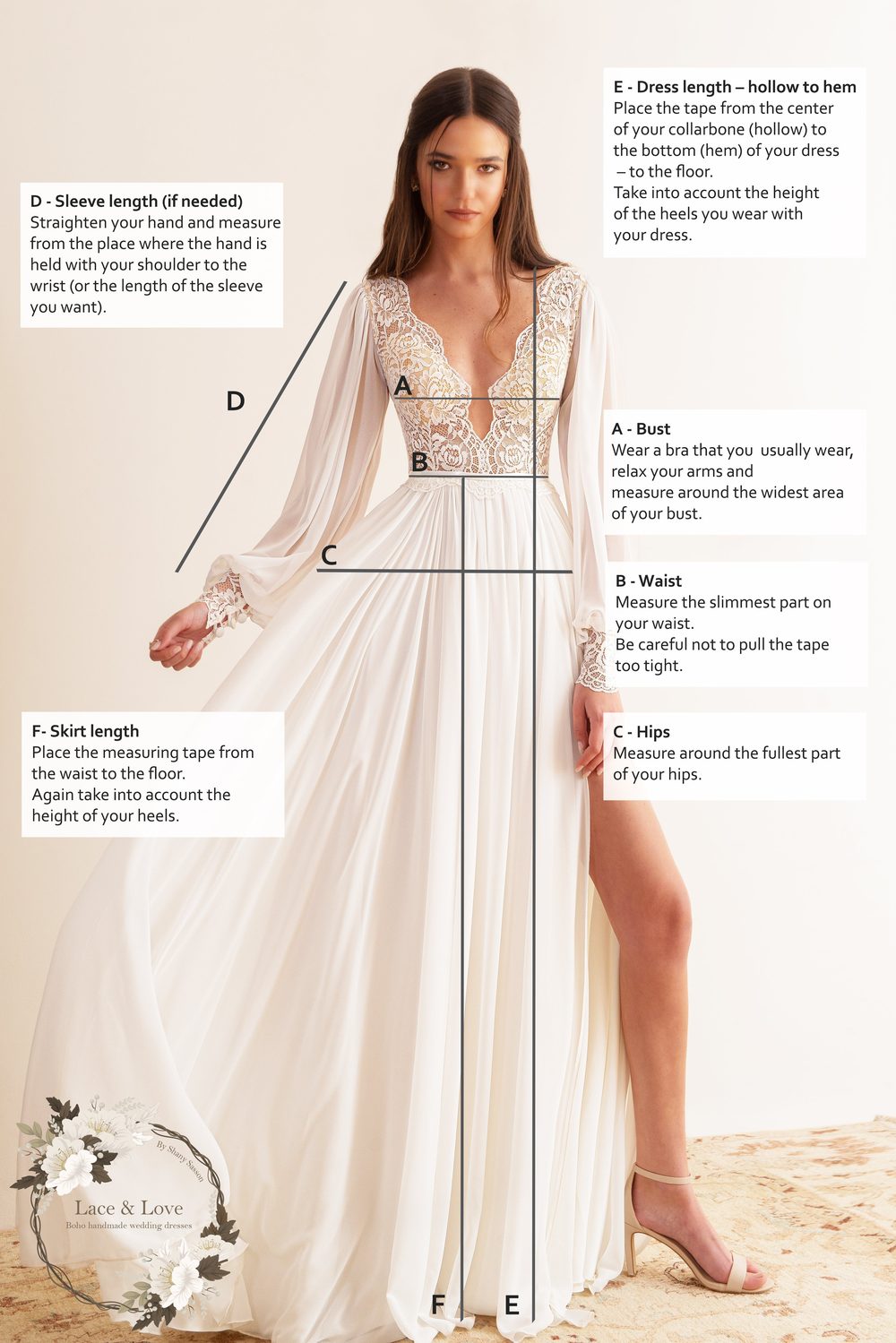 Measurement guide diagram over a photo of a bride in a lace dress: labelled lines for bust, waist, hips, sleeve length, hollow to hem and skirt length.