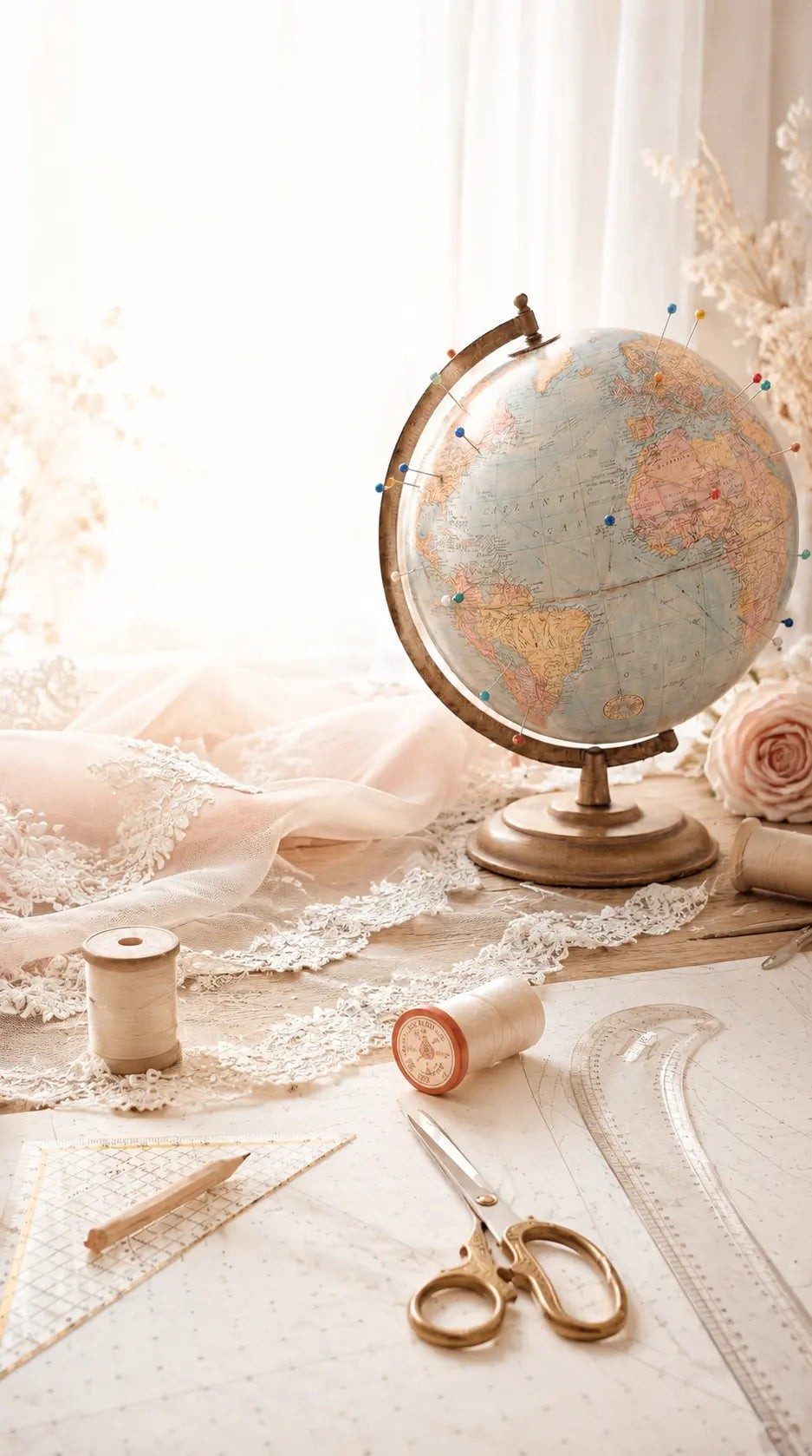 Designer's worktable with a globe, gold scissors, a tape measure, thread and a lace swatch in soft light.